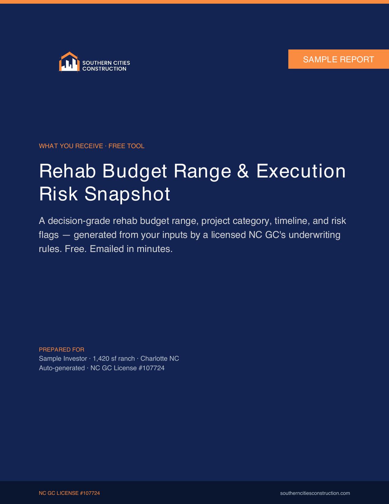 Rehab Budget Range & Execution Risk Snapshot — sample report cover